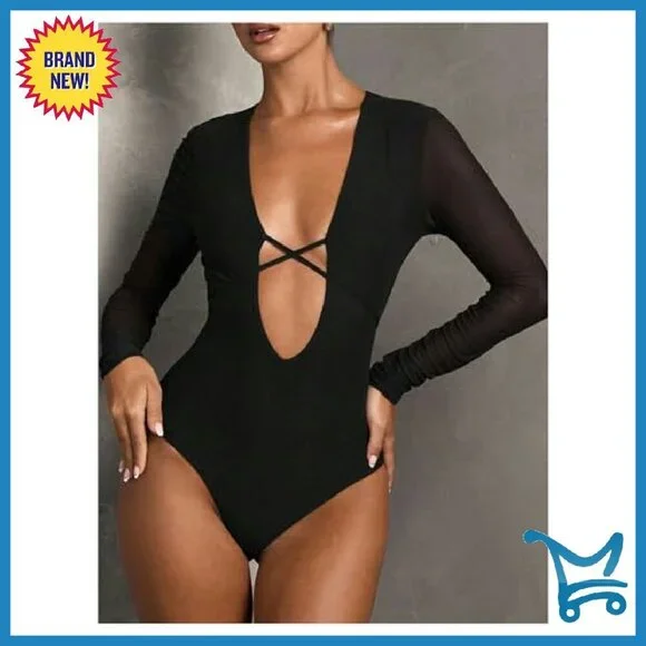 Deep V Neck Long Sleeve Bodysuit - Stretchy Party Top - Size XS-XXXXL - Picture 5 of 8